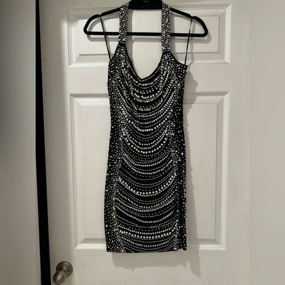 Dresses | Short Halter Black Beaded Dress | Poshmark